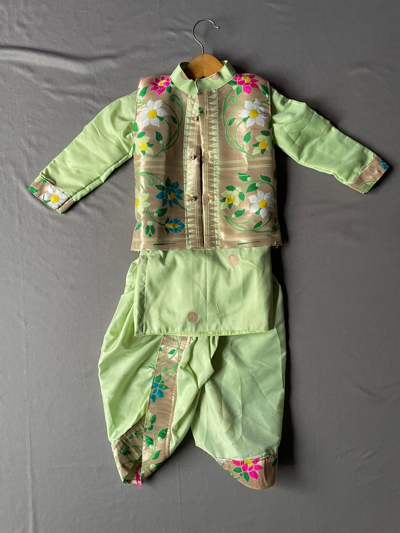 Boy's mint green premium Paithani dhoti kurta with jacket