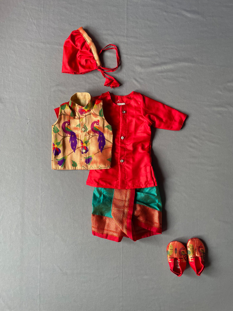 Baby boy set- Rich cotton silk dhoti kurta with premium paithani jacket set with topra and booties - Red and sea green