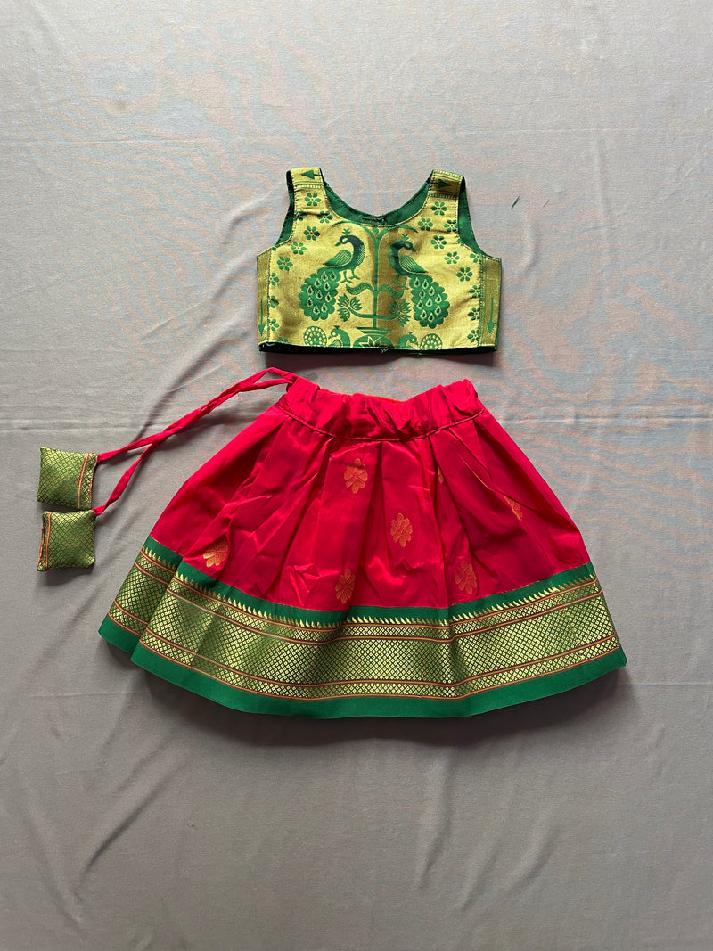 Girls premium red paithani Skirt with green Blouse
