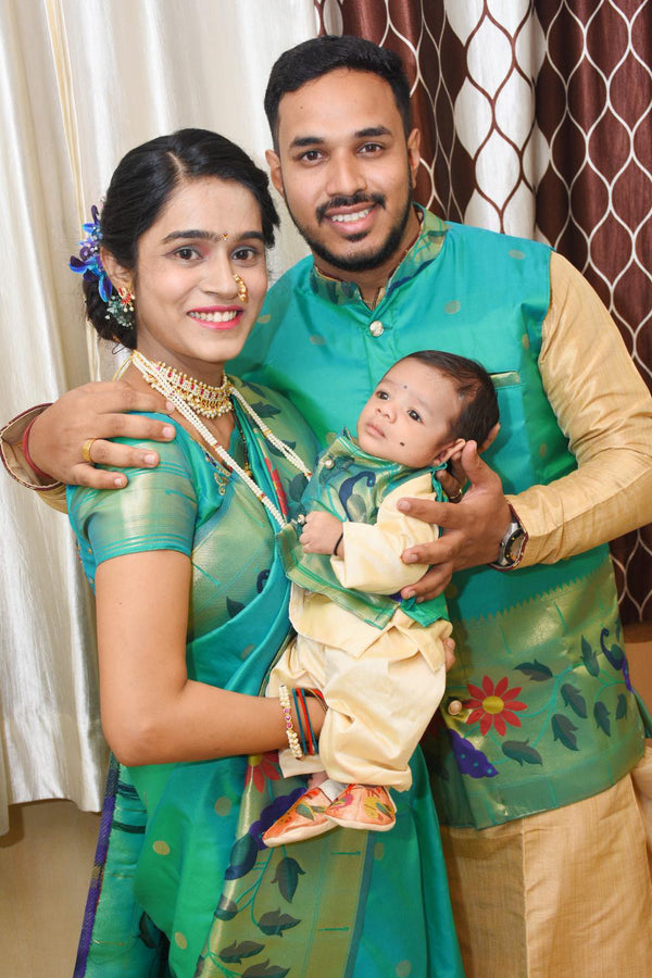 Premium paithani family outfits - color sea green