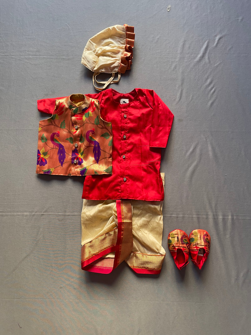 Baby boy set- premium red paithani kurta with cream dhoti and jacket set with topra and booties