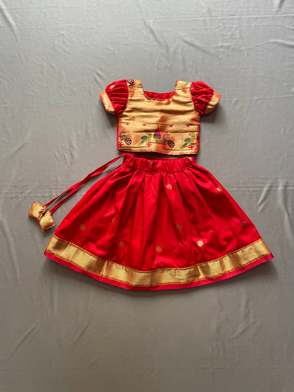 Girls premium red paithani parkar with golden puff sleeves blouse