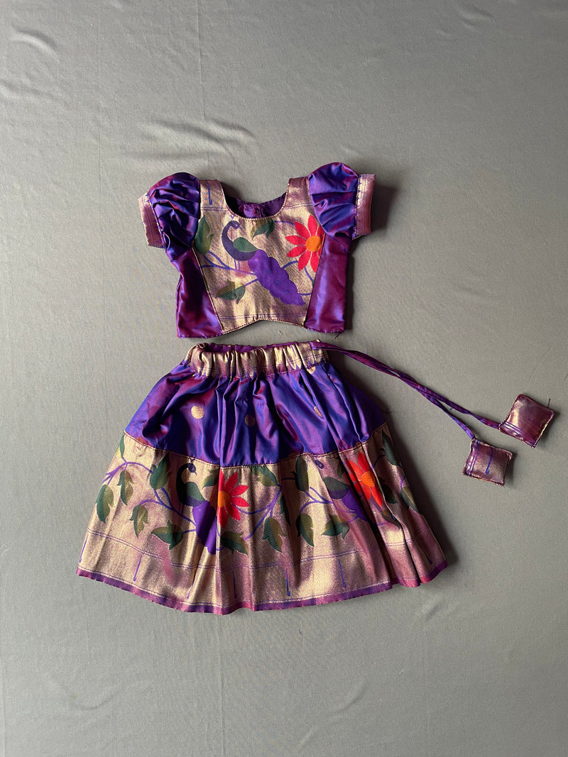 Girls premium purple paithani Skirt with peacock Border and puff sleeves blouse