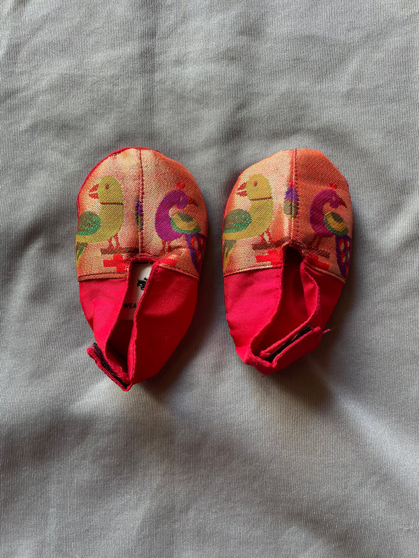 Baby Paithani Fabric Shoes color red