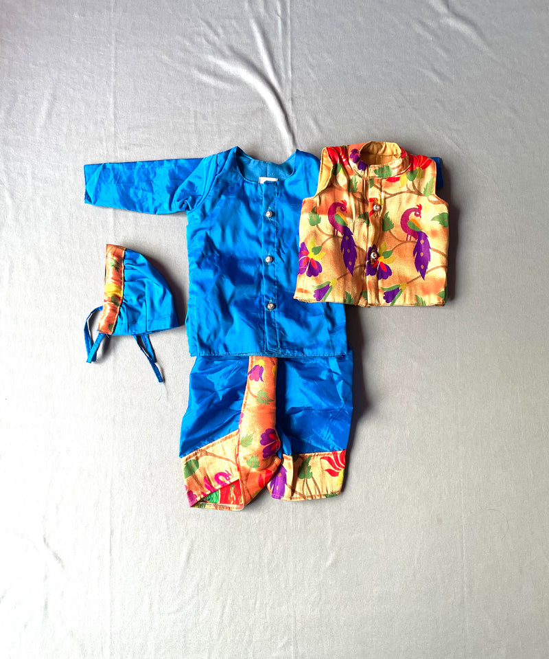 Baby boy set- premium blue paithani kurta and jacket set with topra