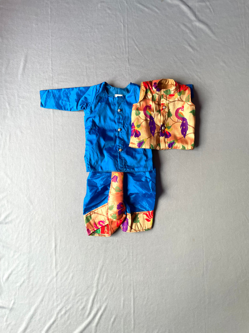 Boy's blue premium Paithani dhoti kurta with jacket-all over design