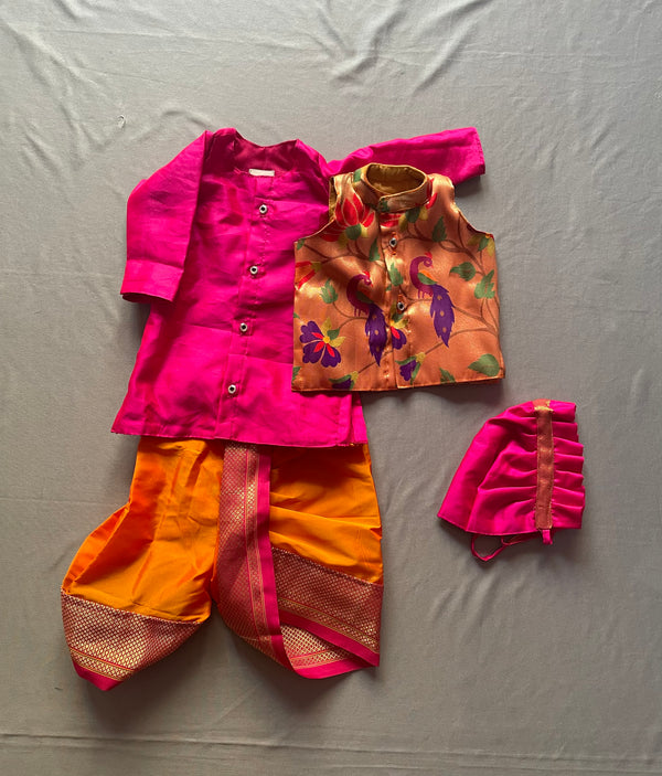 Baby boy set- premium pink paithani kurta with orange dhoti and jacket set with topra