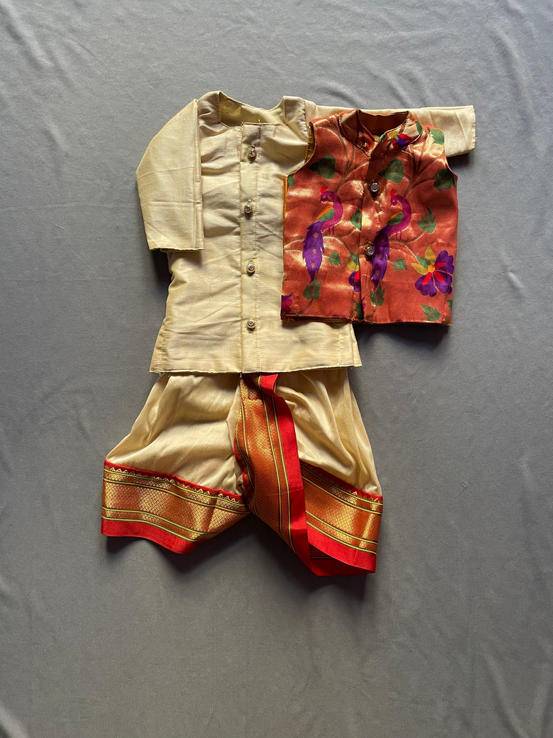 Boy s rich cotton silk golden cream with golden border dhoti