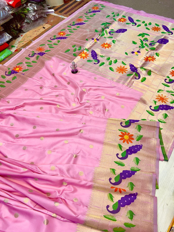 Premium baby pink paithani saree with orange border