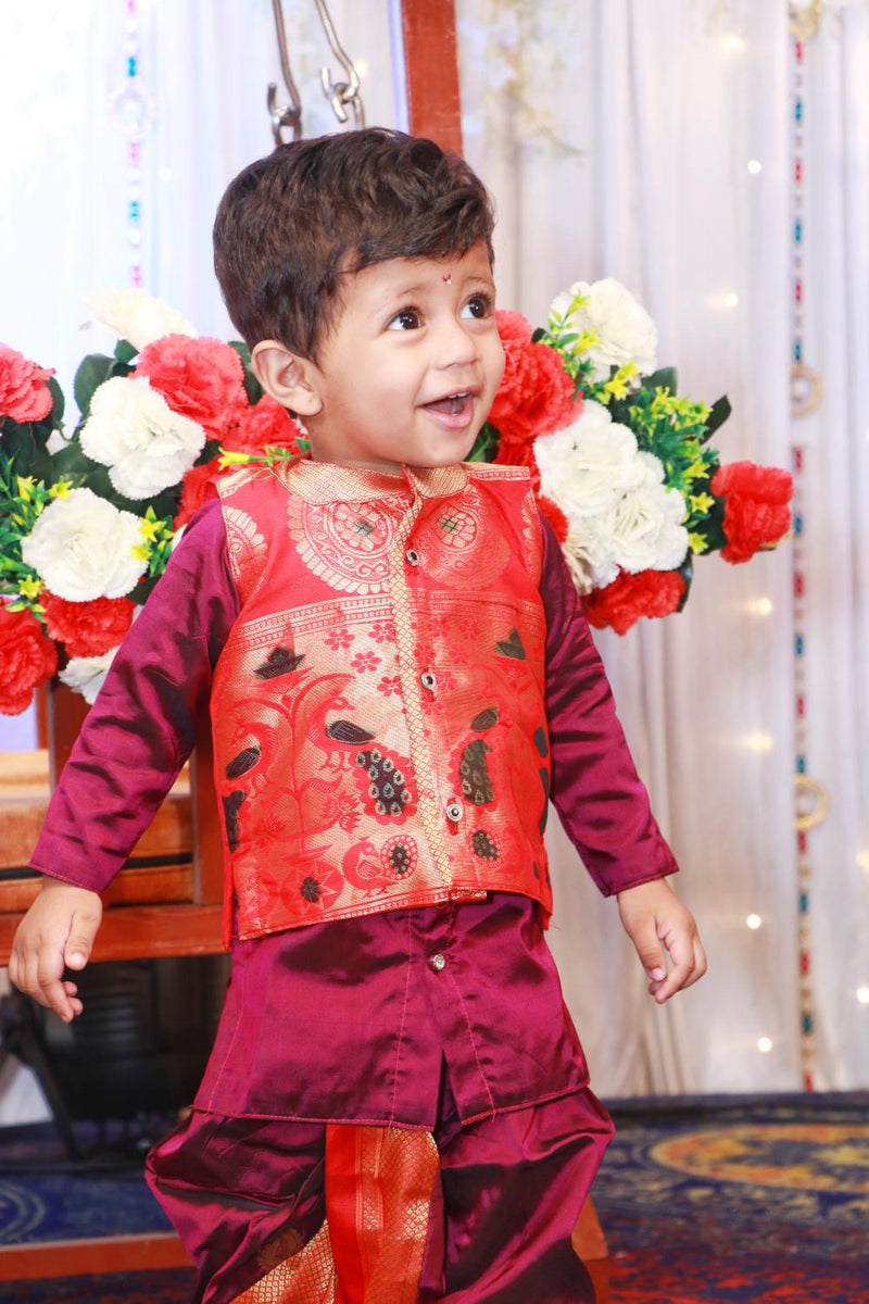 Boy's Purple Paithani with red border dhoti kurta with jacket