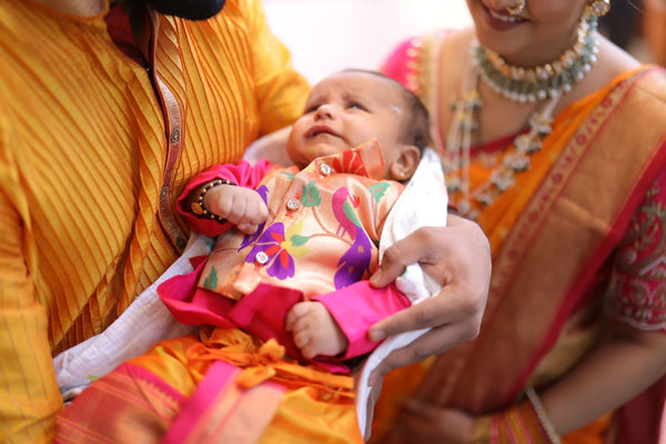 Baby boy set- premium pink paithani kurta with orange dhoti and jacket set with topra