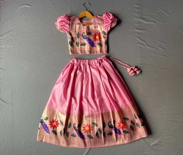 Girls premium baby pink paithani Skirt with peacock Border and puff sleeves blouse
