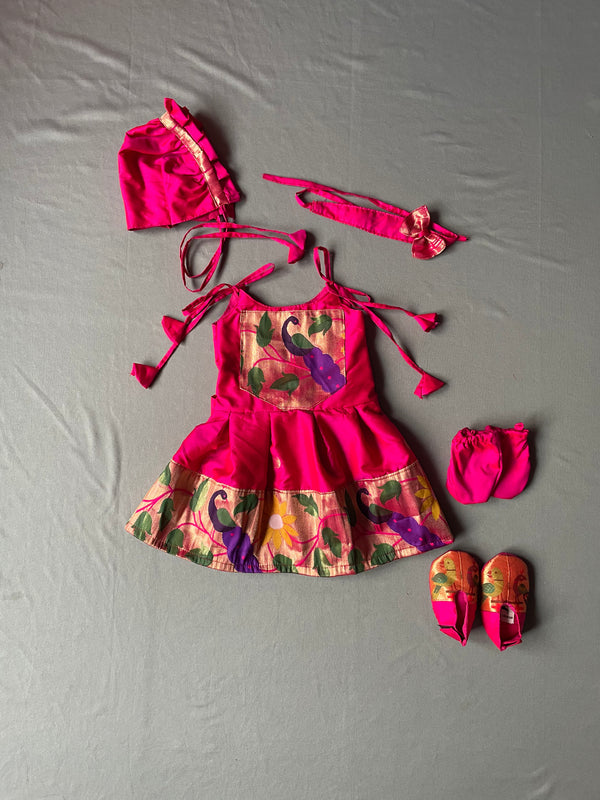 Baby set- pink premium paithani spaghetti frock with topra hairband mittens and booties