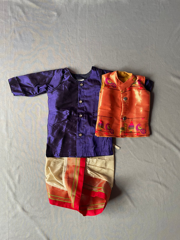 Boy's blue premium Paithani with red border dhoti kurta with jacket