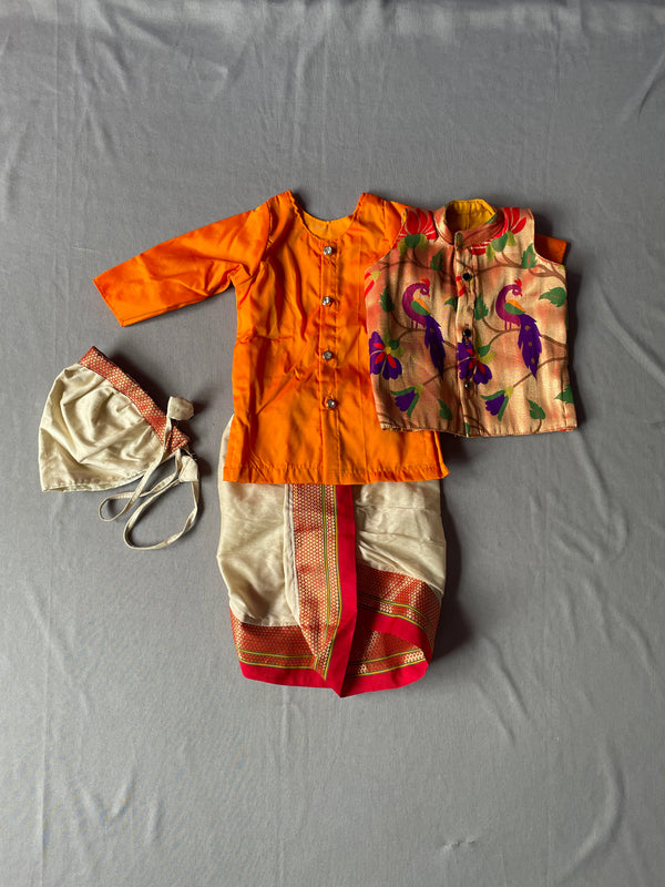 Baby boy set- premium yellow paithani kurta with cream dhoti and jacket set with topra