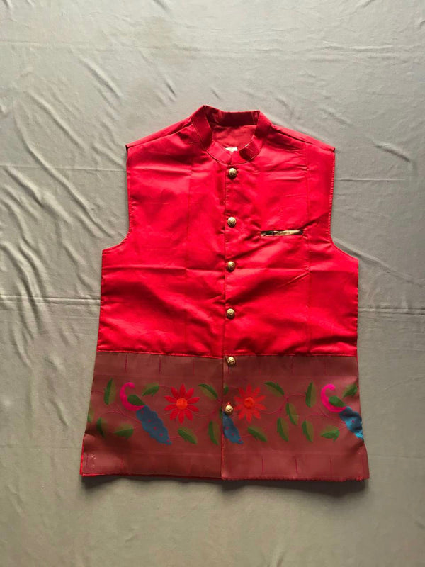 Men’s premium paithani jacket with peacock border - Red