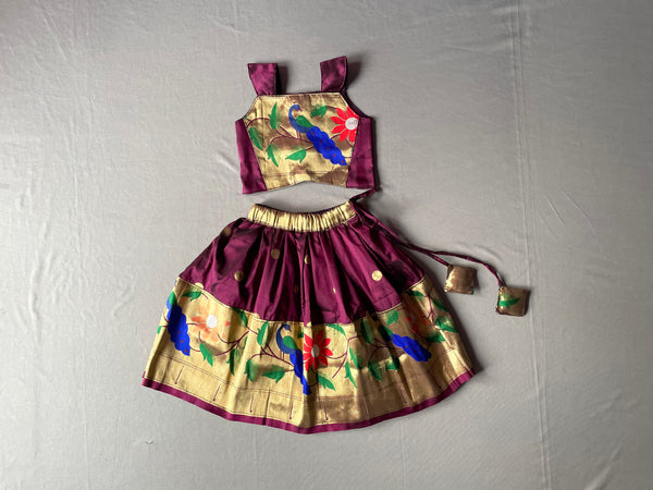 Girls premium wine paithani Skirt with peacock Border and blouse