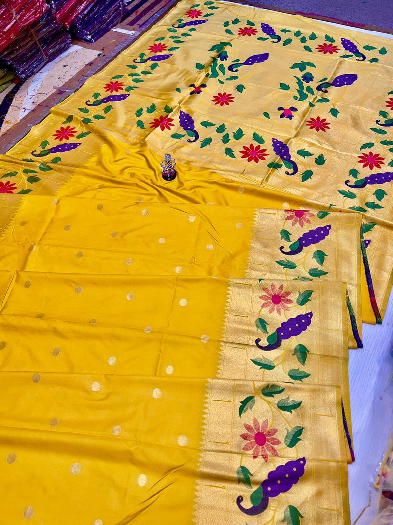 Premium yellow paithani saree with peacock border