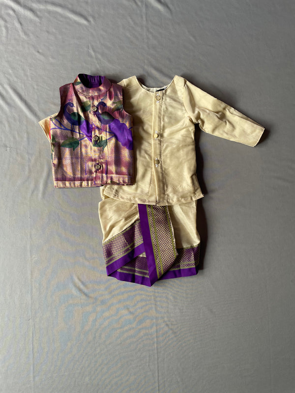 Boy's rich cotton silk dhoti kurta with blue border with premium paithani jacket