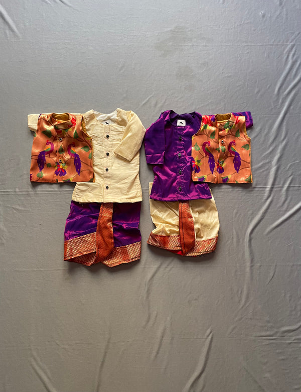 Premium paithani brothers twinning- cream and purple dhoti kurta jacket baby set