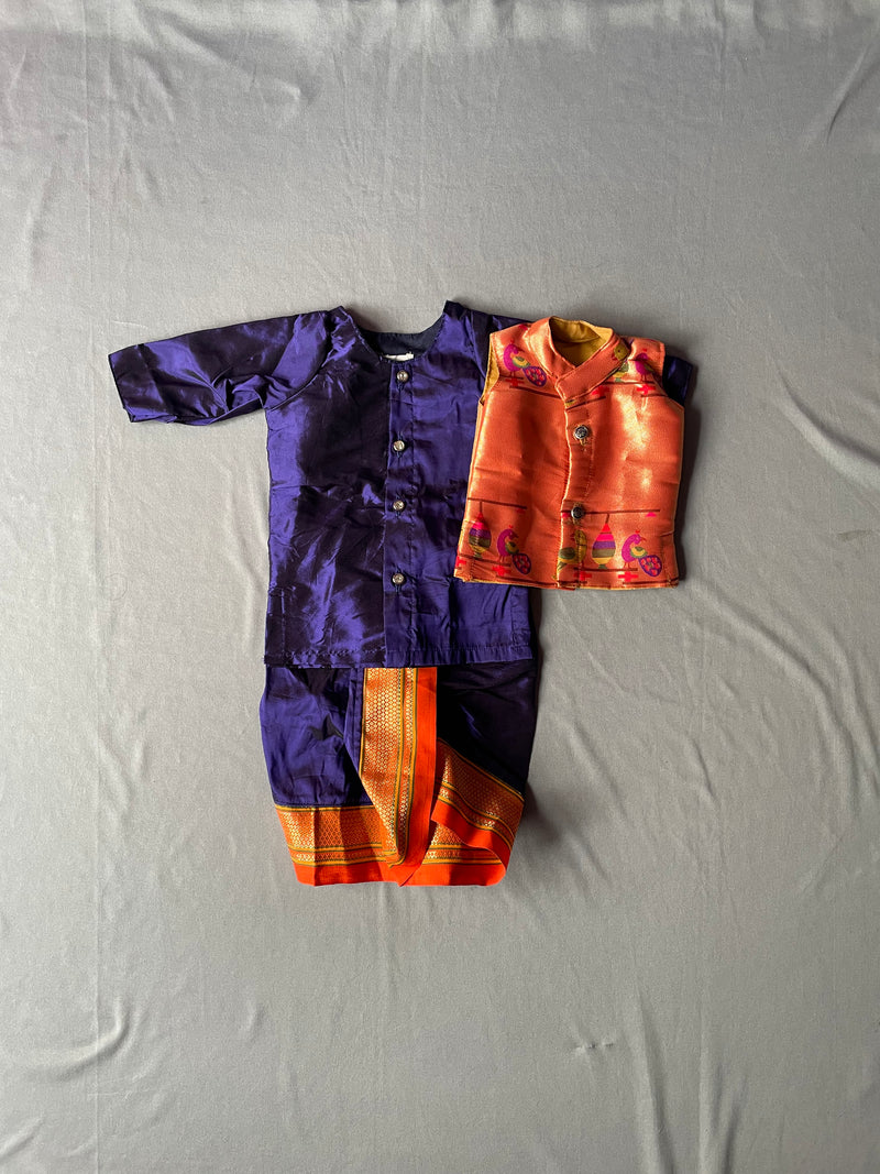 Boy's blue premium Paithani with orange border dhoti kurta with jacket