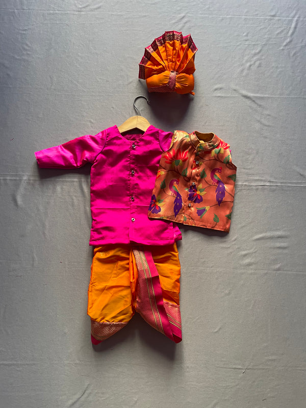 Baby boy set- premium pink paithani kurta with orange dhoti and jacket set with pheta