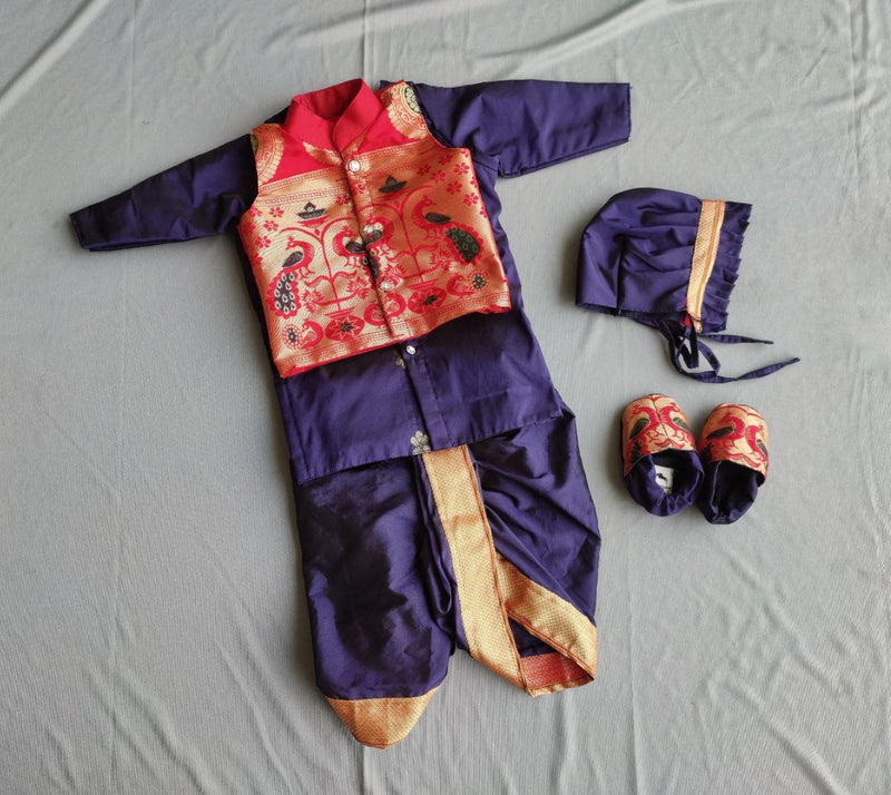 Baby boy set- premium blue paithani dhoti kurta jacket set - WEAR COURAGE