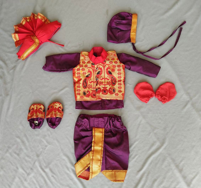 Baby boy set- premium purple (wine) paithani dhoti kurta with red jacket set with pheta - WEAR COURAGE