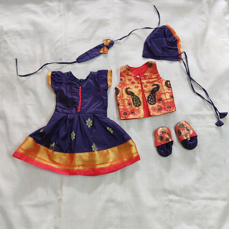 Ivory foil printed Chanderi Frock with banaras silk jacket – Soyara Ethnics  Studio