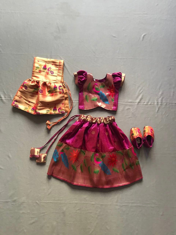 Baby set- premium wine with peacock border paithani parkar polka with kunchi and booties - WEAR COURAGE