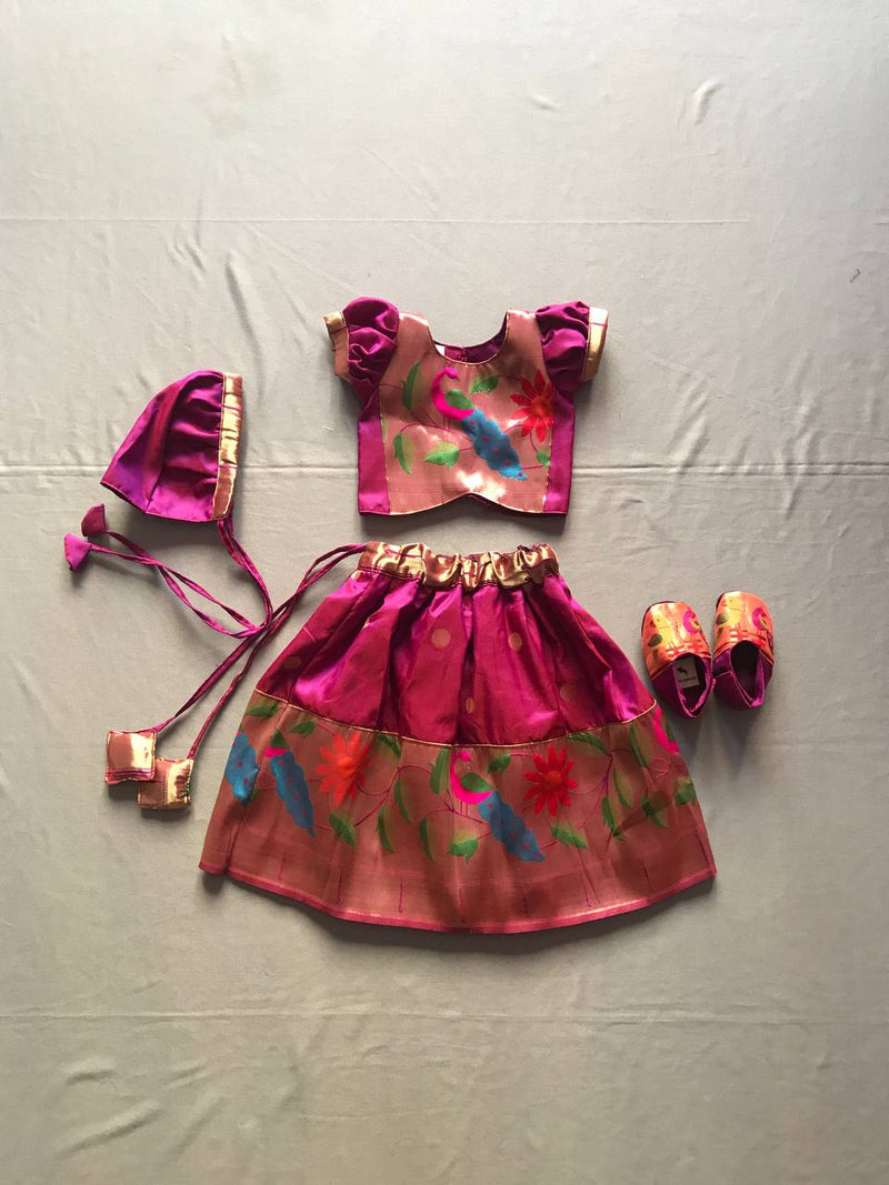 Baby set- premium wine with peacock border paithani parkar polka with Topra and booties - WEAR COURAGE