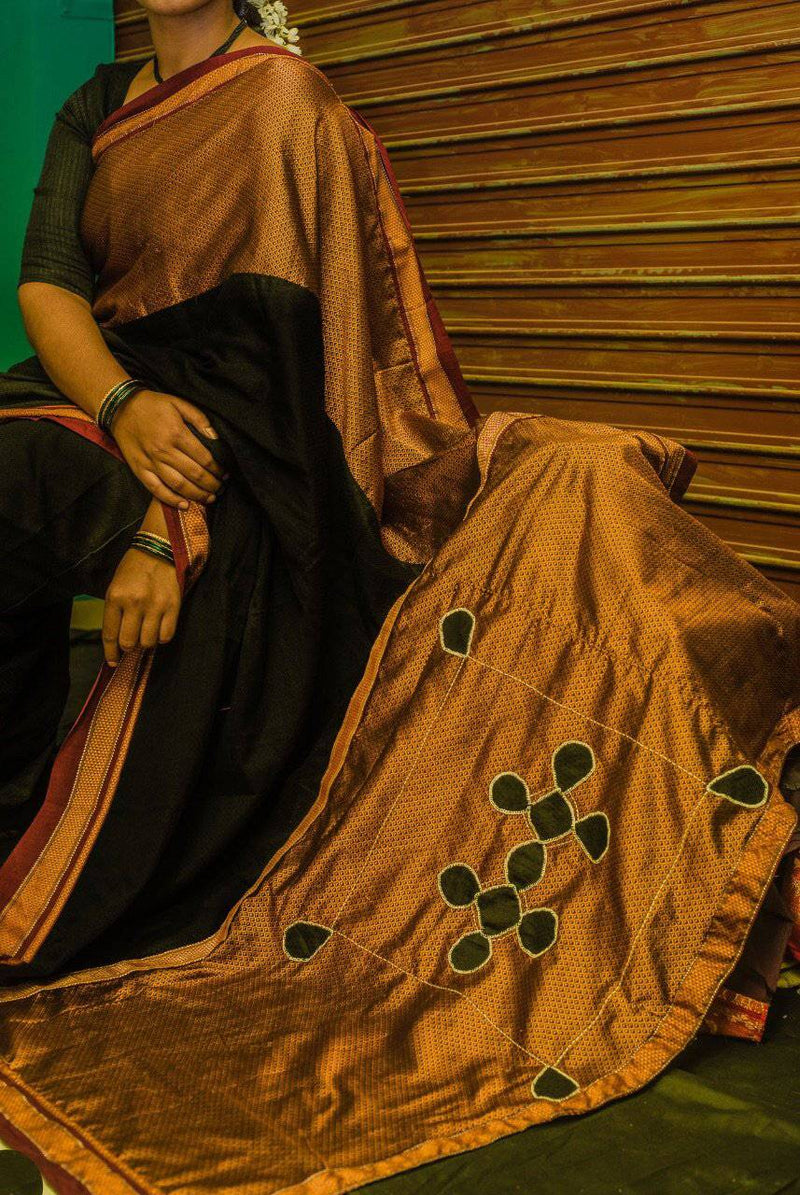 Black khunn cotton silk saree with appliqué pallu - WEAR COURAGE