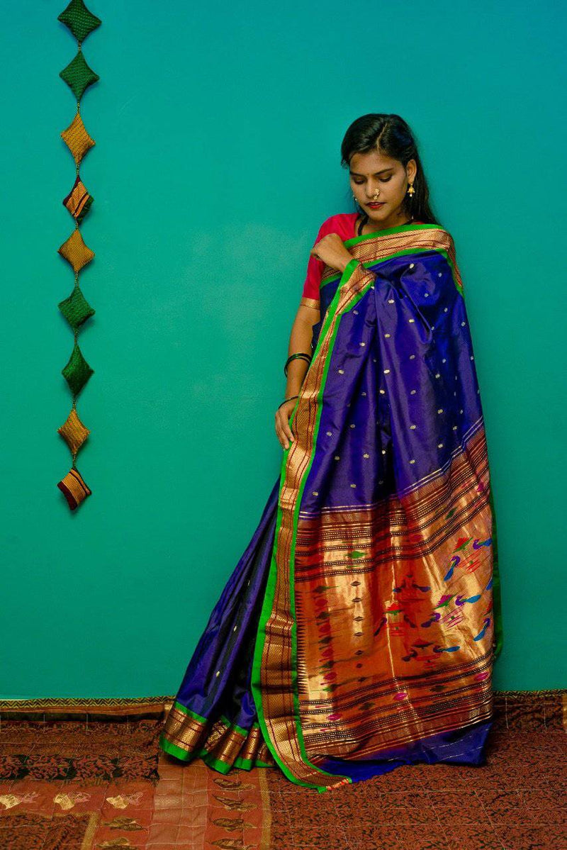 Green Banarasi Tussar Silk Paithani Saree With Pure Zari Woven Border –  Shivansh Fab