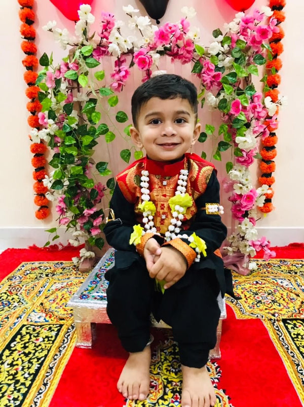 Boy's black premium Paithani with red border kurta pant with jacket - WEAR COURAGE