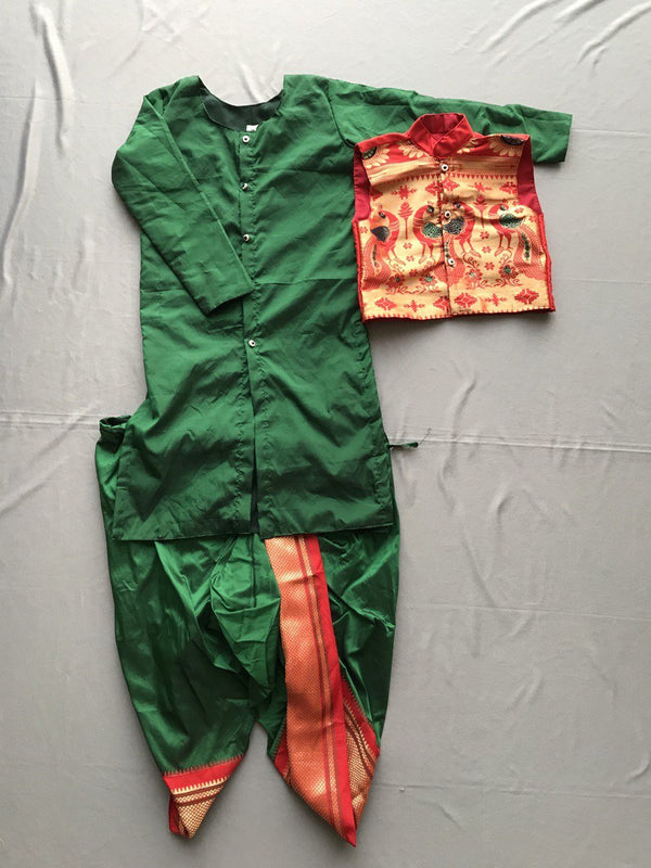 Boy's green premium Paithani with red border dhoti kurta jacket set - WEAR COURAGE