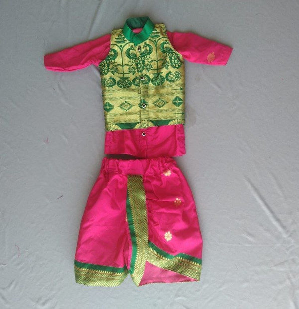 Boy's pink Paithani with green border dhoti kurta with jacket - WEAR COURAGE