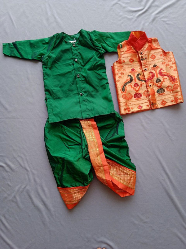 Boy's premium green Paithani with orange border dhoti kurta with jacket - WEAR COURAGE
