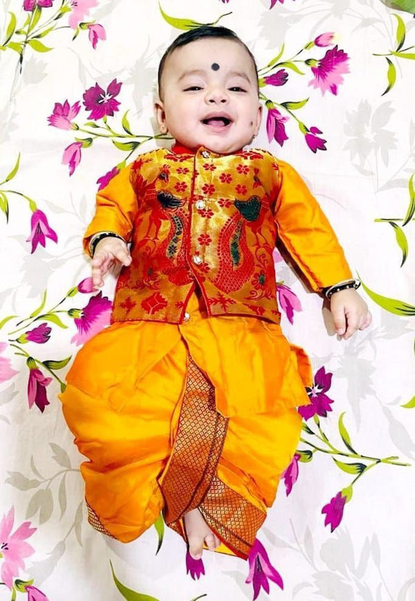 Boy's yellow Paithani with red border dhoti kurta with jacket - WEAR COURAGE