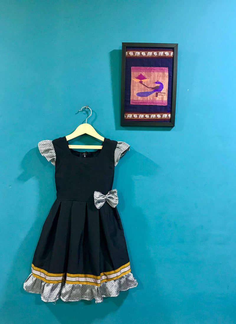 Girls Black Khunn frock with bow and frill - WEAR COURAGE