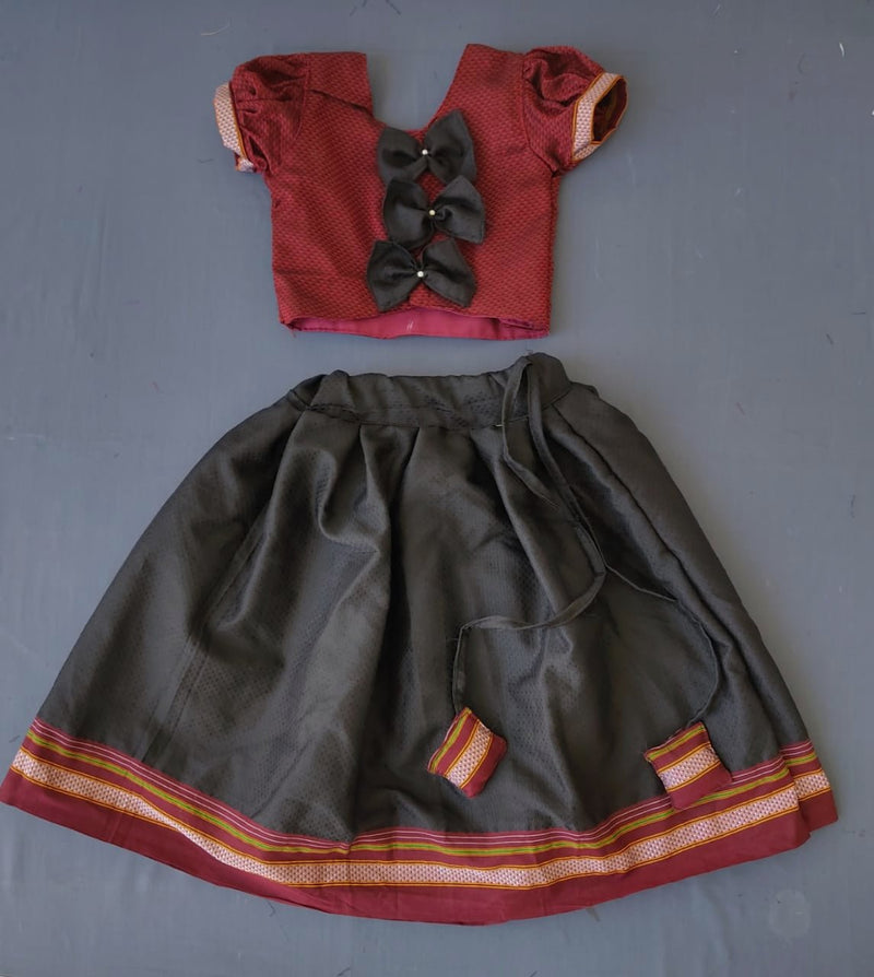 Girls Black khunn parkar polka with maroon blouse with bow at back - WEAR COURAGE