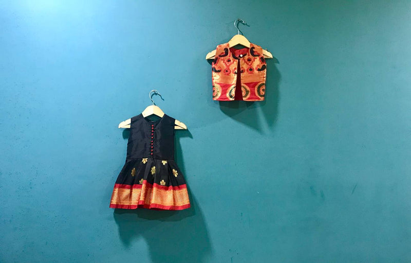 Girls Black paithani frock with Red Jacket - WEAR COURAGE