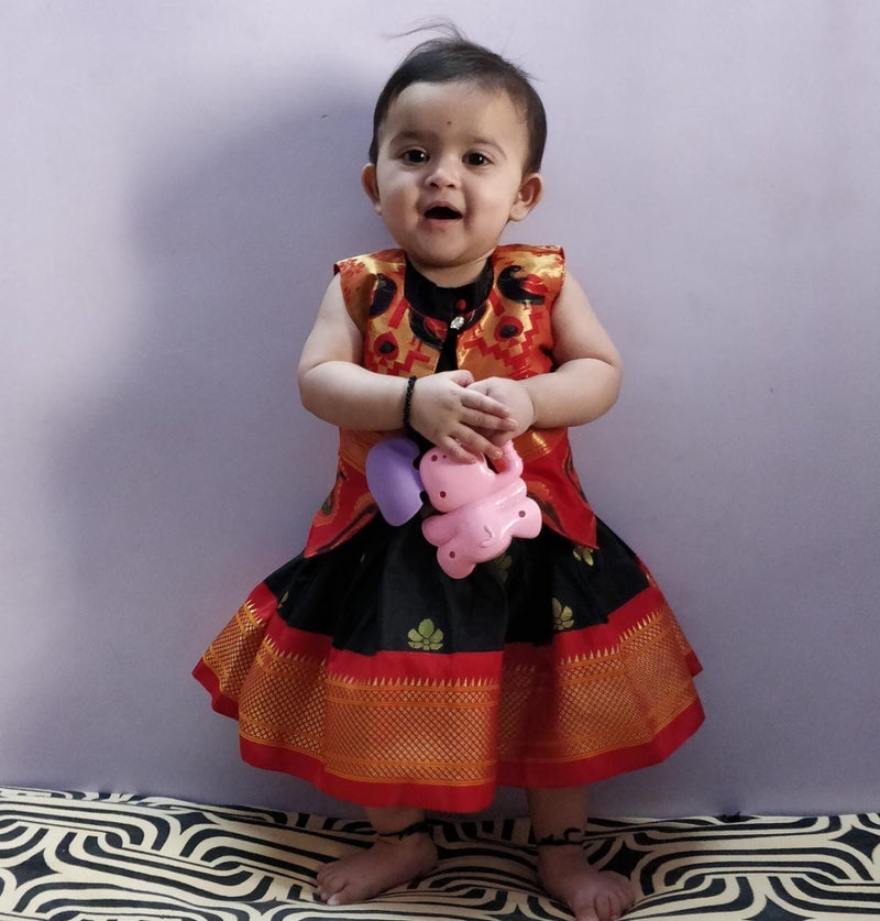 Girls Black paithani frock with Red Jacket - WEAR COURAGE