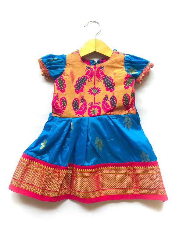 Girl's blue (chintamani) Paithani frock with pink and Golden border - WEAR COURAGE