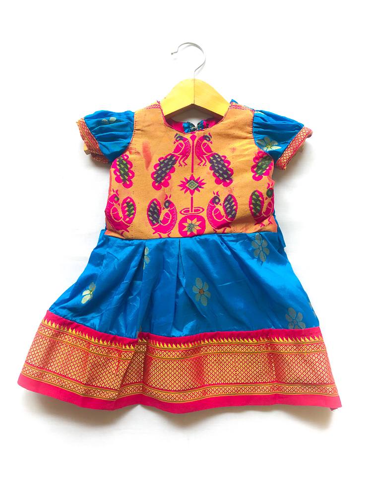 Girl's blue (chintamani) Paithani frock with pink and Golden border - WEAR COURAGE
