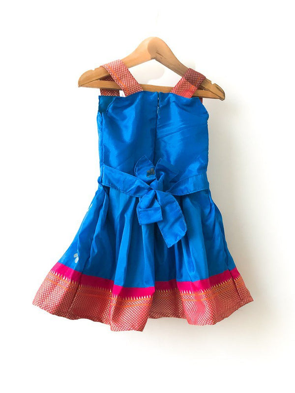 Girls blue premium paithani border sleeve frock with pink border - WEAR COURAGE