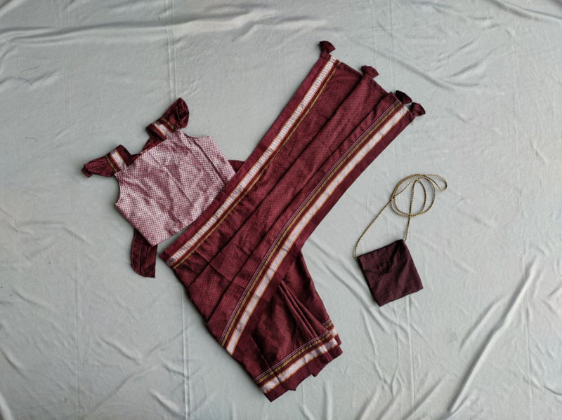 Girl's brown Khunn Ready To Wear Sari with onion color blouse - WEAR COURAGE