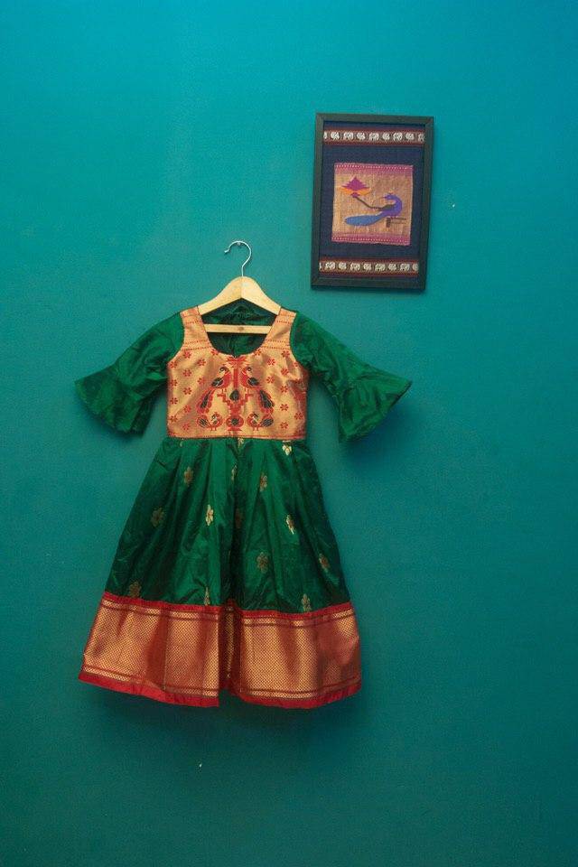 Girls green paithani frock with long sleeves - WEAR COURAGE