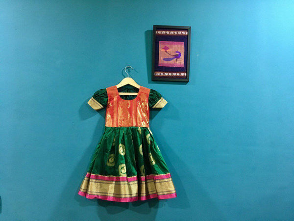 Girl's Green Paithani frock with Pink and Golden border - WEAR COURAGE