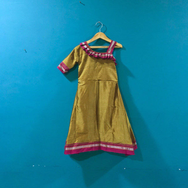 Girls Mustard Khunn frock with One Off Shoulder Sleeves - WEAR COURAGE