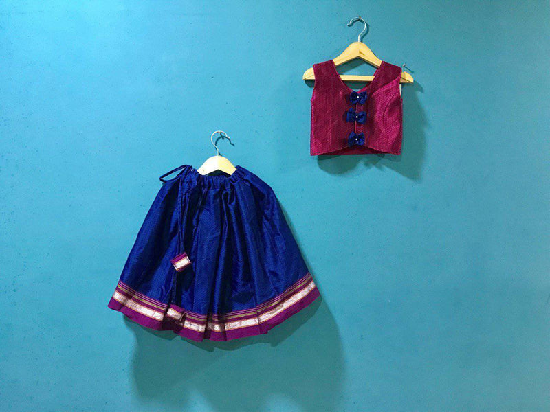 Girls Pink and Blue khunn parkar polka with bow at back and magenta Border - WEAR COURAGE